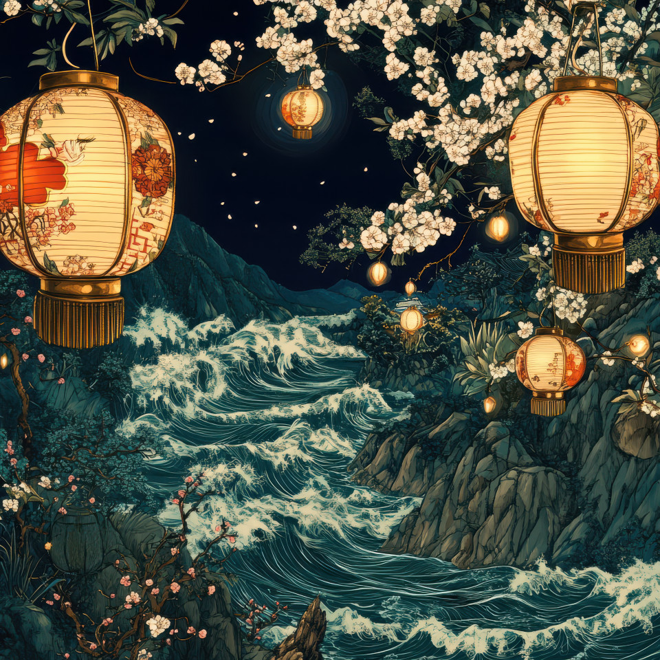 Lanterns glowing warmly at a cherry blossom festival casting light over petals and joyful crowds, a festive ukiyo e scene, inspired by utagawa kuniyoshi, capturing spring’s magic