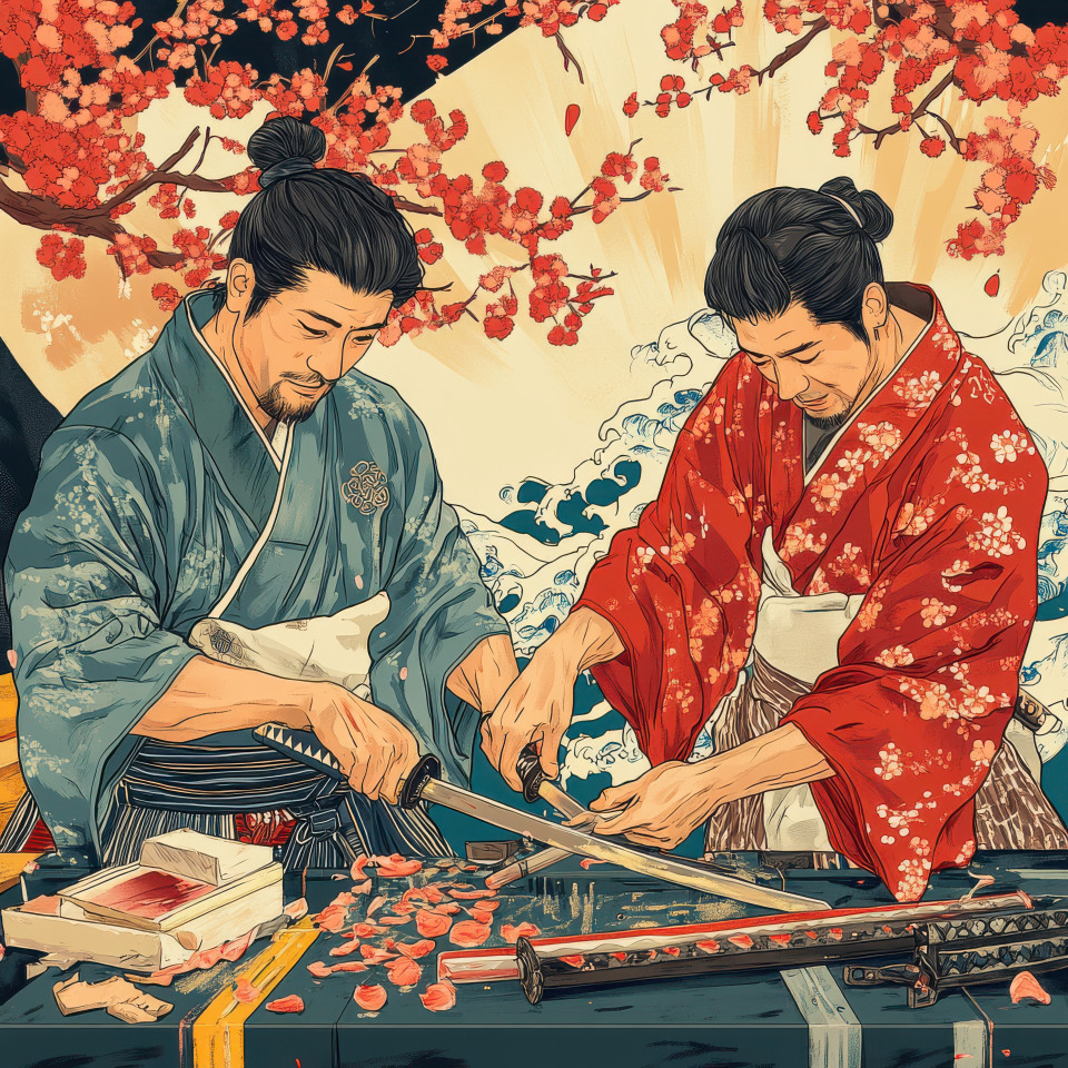 Blacksmiths forging katana swords sparks flying as they hammer glowing steel, a detailed ukiyo e depiction of craftsmanship, paying tribute to kuniyoshi and samurai tradition