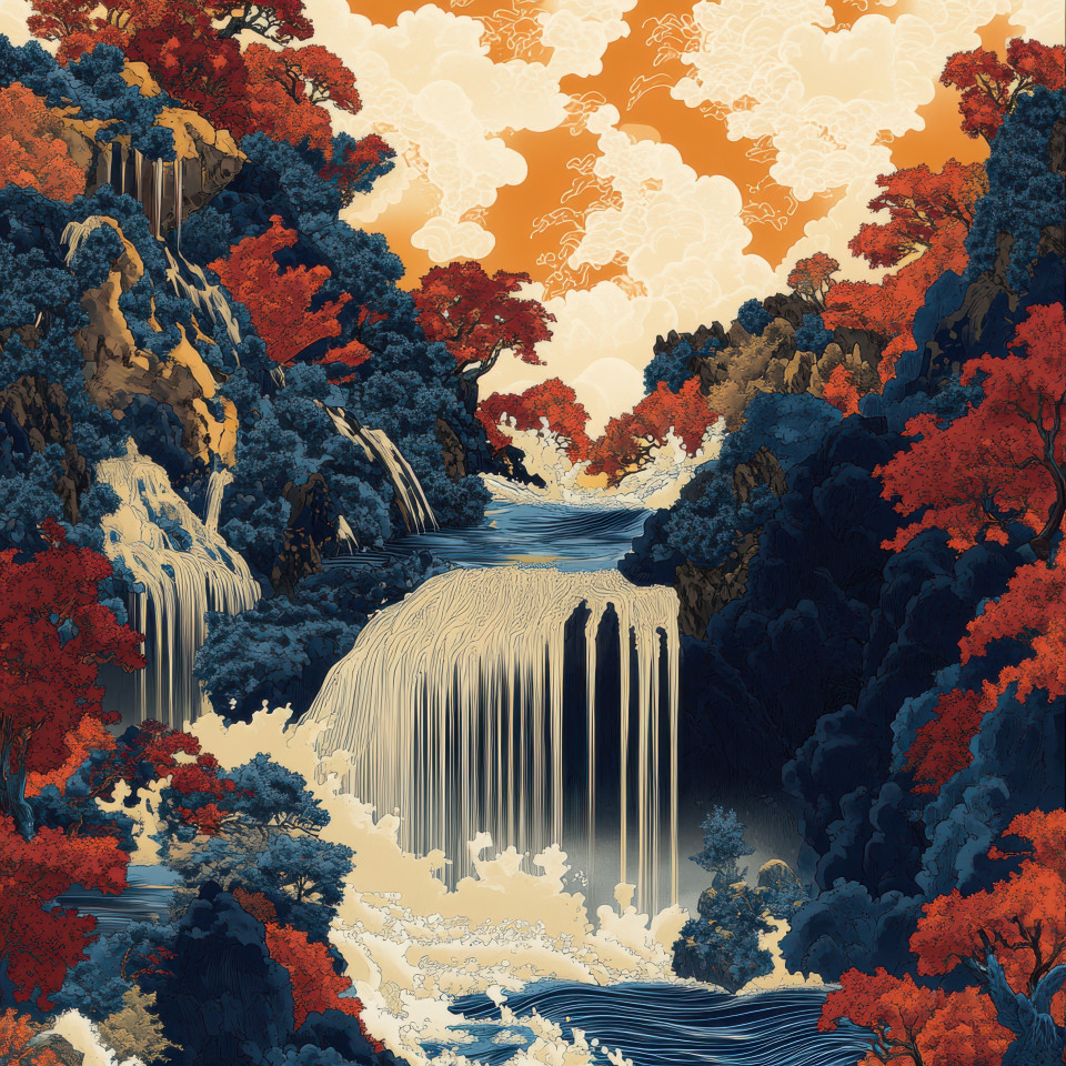 A waterfall cascades into a flowing river mist rising from the rushing waters, a peaceful ukiyo e landscape, inspired by utagawa kuniyoshi, capturing nature’s timeless beauty