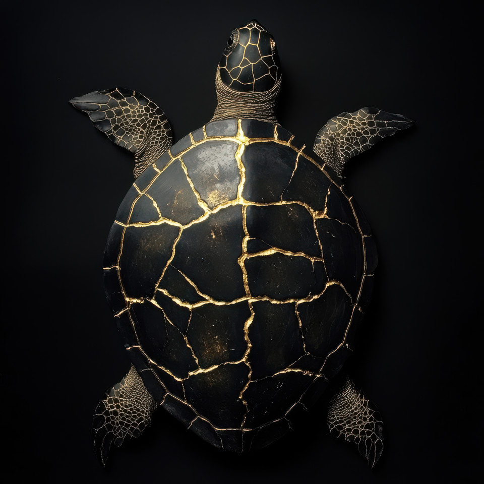 A cracked turtle shell carefully mended with golden veins, showcasing kintsugi, kintsugi pottery, and kintsugi art, symbolizing resilience and beauty in imperfection