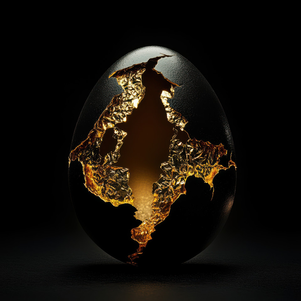 A broken eggshell sealed with shimmering gold, highlighting kintsugi, kintsugi pottery, and kintsugi art, representing renewal and strength through repair