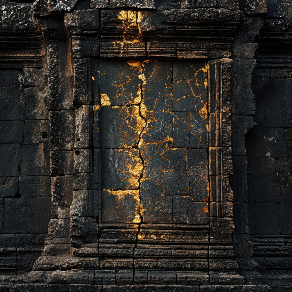 A temple wall with golden crack repairs, embracing kintsugi, kintsugi pottery, and kintsugi art, reflecting history, restoration, and spiritual endurance
