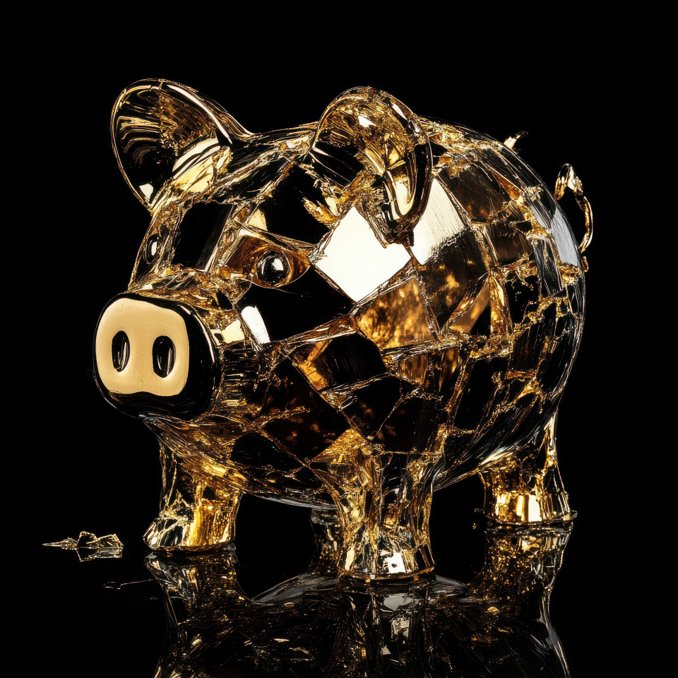 A shattered piggy bank restored with gold, embodying kintsugi, kintsugi pottery, and kintsugi art, signifying financial recovery and new beginnings