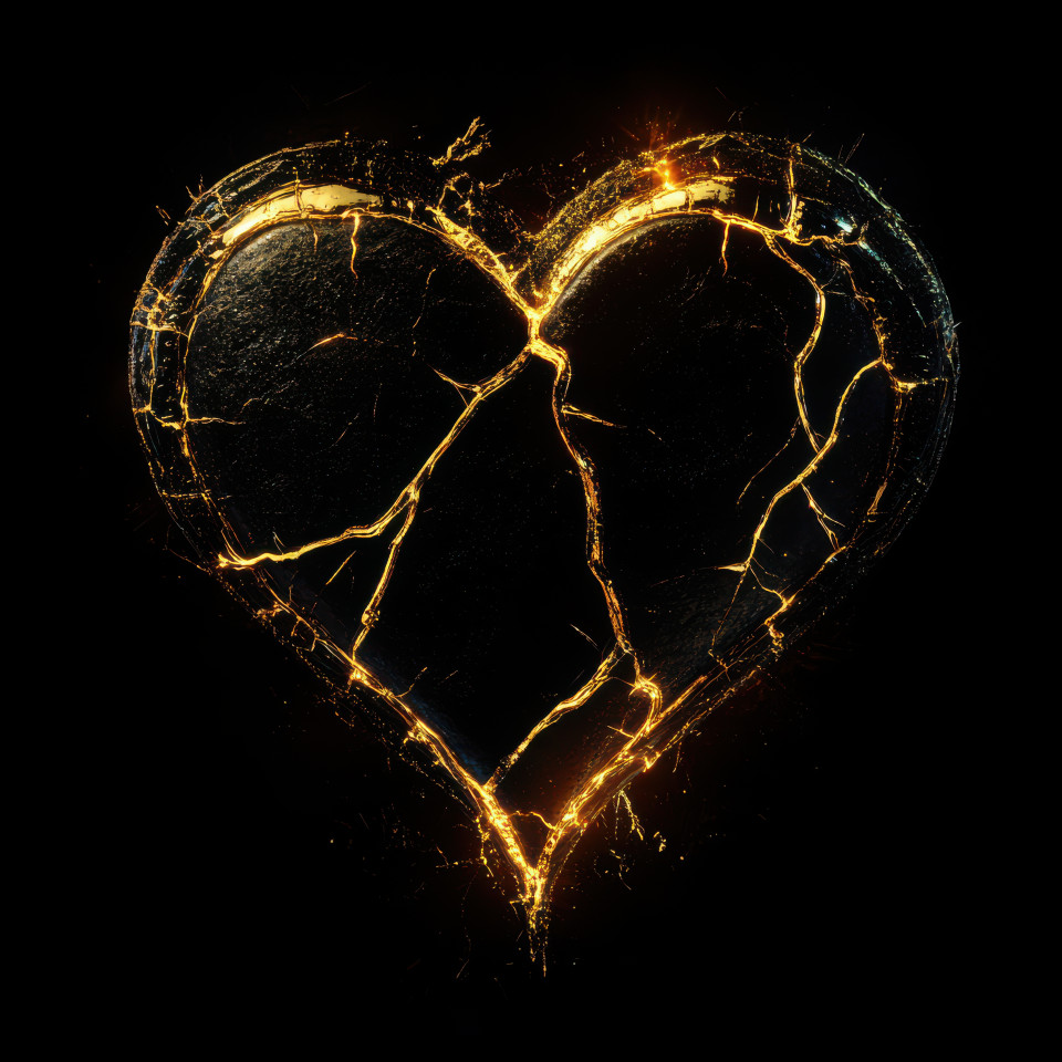 A broken heart symbol fused with golden lines, expressing kintsugi, kintsugi pottery, and kintsugi art, portraying healing, love, and emotional strength