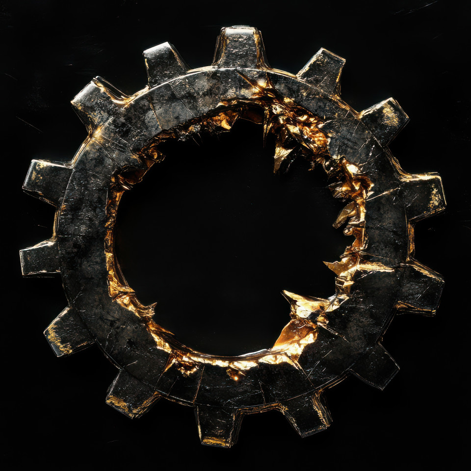 A fractured gear repaired with molten gold, demonstrating kintsugi, kintsugi pottery, and kintsugi art, showcasing resilience, industry, and innovation
