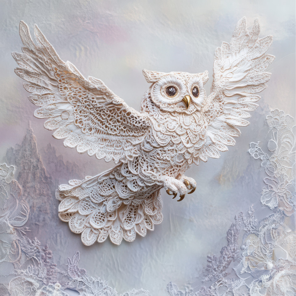A lace stitched owl in mid flight with detailed feather patterns soaring gracefully, intricately crafted, made of lace, lace made collection, artistic nature concept