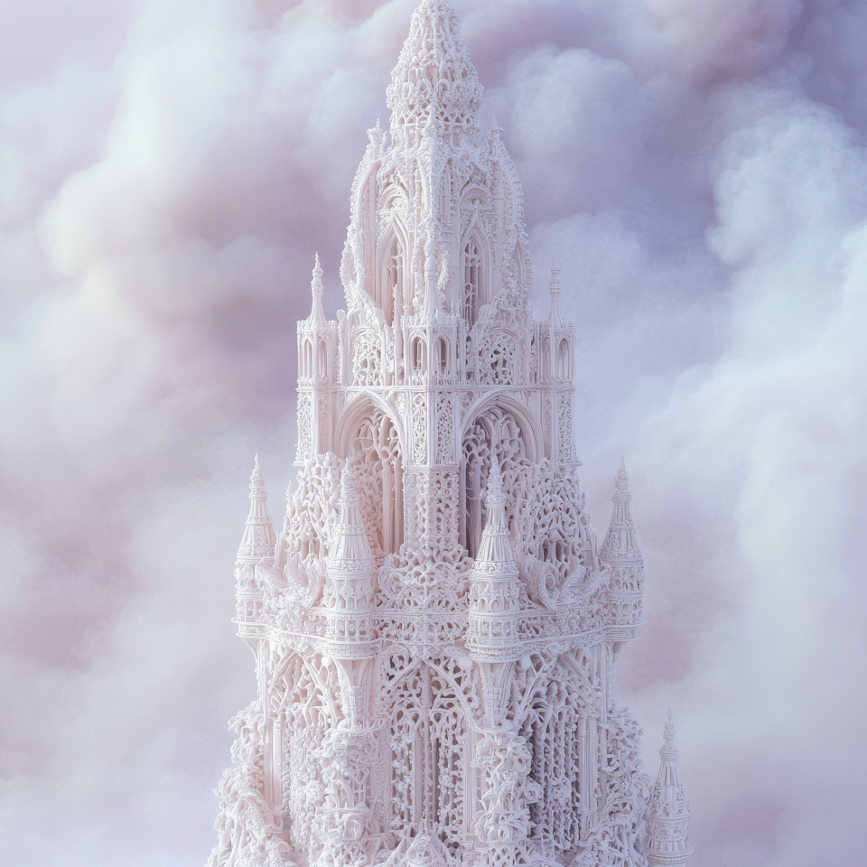 A gothic tower adorned with lace like details standing tall with intricate patterns, architectural beauty made of lace, lace made collection, elegant historic design
