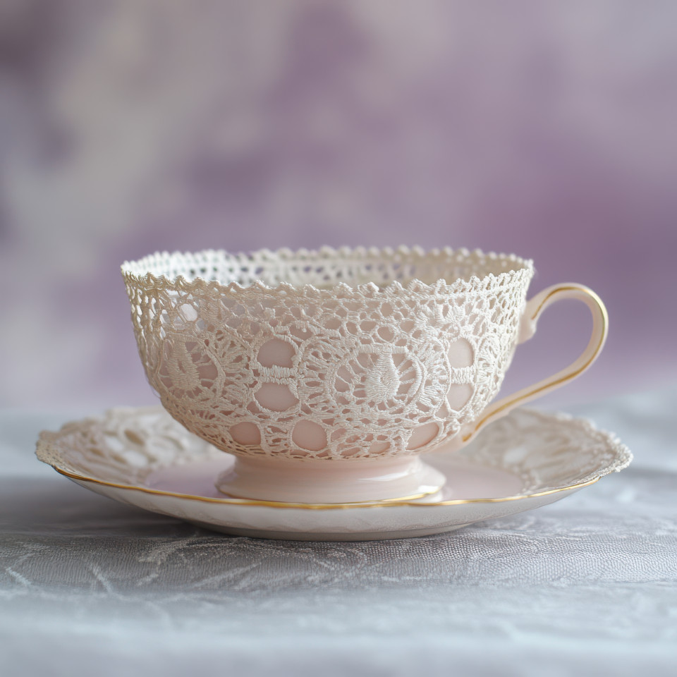 A lace styled teacup and saucer with intricate woven details elegant and delicate, vintage inspired, made of lace, lace made collection, artistic tea time concept