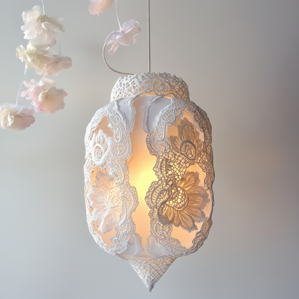 A lace cut lantern glowing at night casting delicate patterns in soft light, decorative illumination made of lace, lace made collection, elegant night decor
