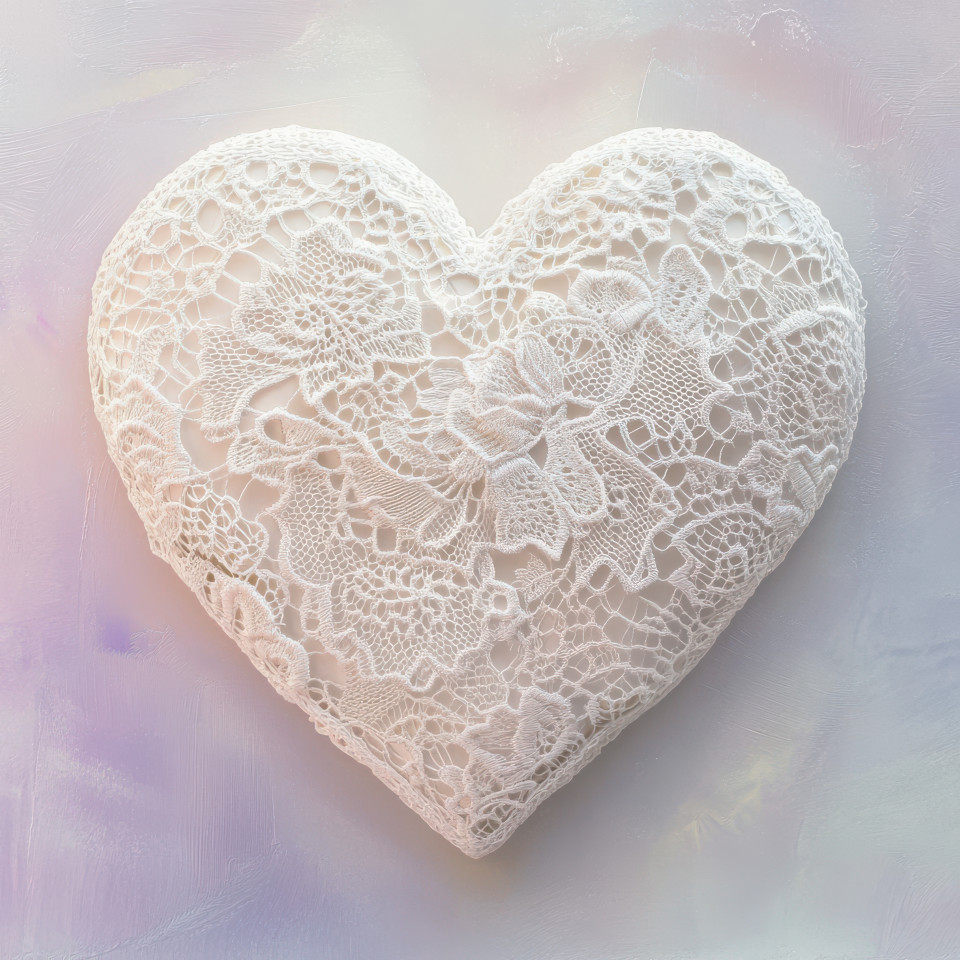 A lace patterned heart with swirling designs symbolizing love and elegance, romantic concept made of lace, lace made collection, artistic gift idea