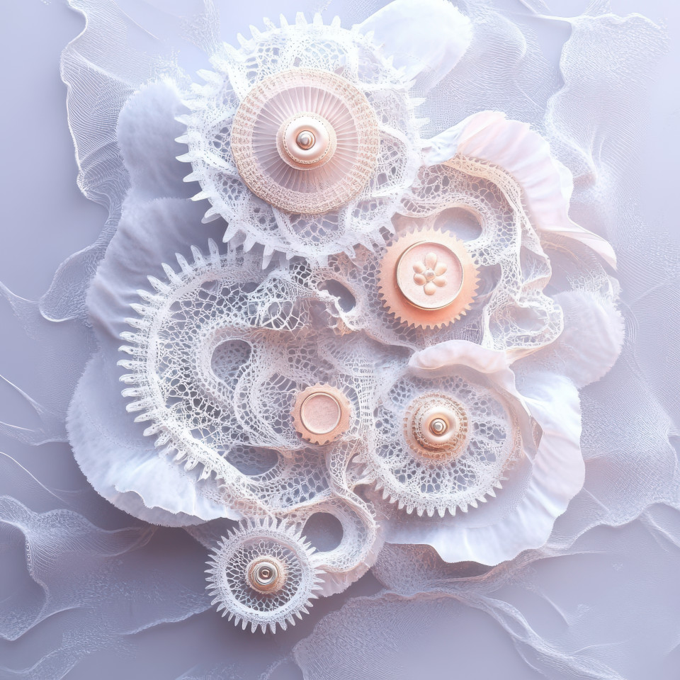 A gear made of interwoven lace combining industrial and delicate craftsmanship, mechanical artistry made of lace, lace made collection, unique steampunk design