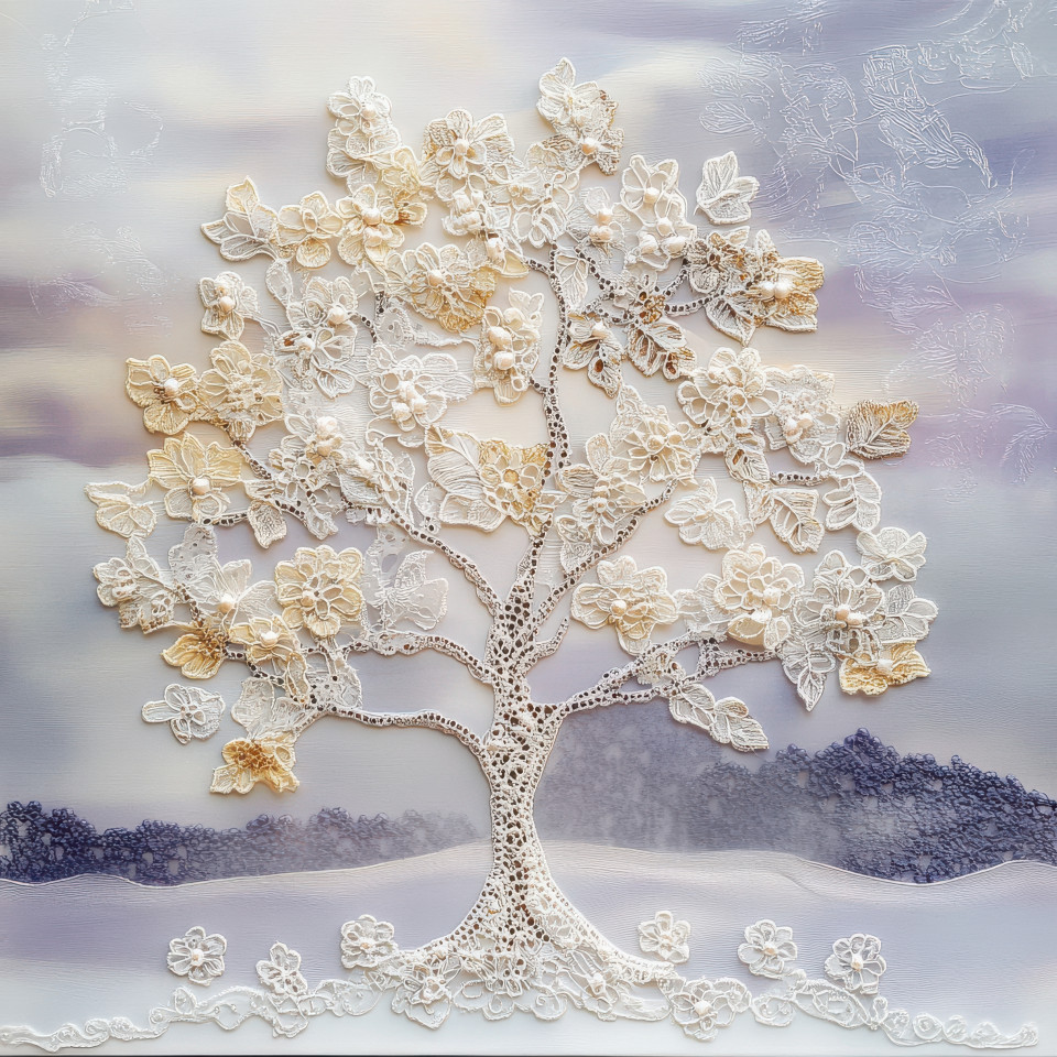 A lace styled tree with swirling leaves creating an intricate natural pattern, botanical elegance made of lace, lace made collection, artistic foliage concept