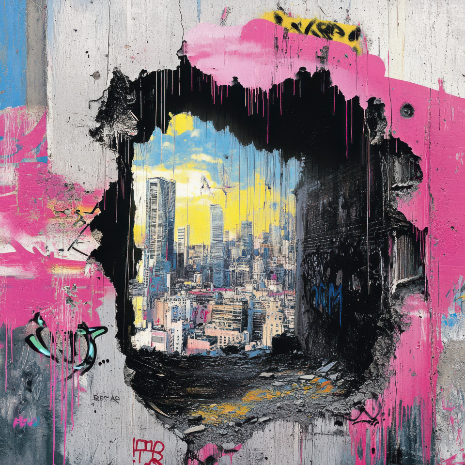Crumbling wall with a portal leading to a utopian city spray painted in banksy inspired graffiti style, a surreal vision of escape and transformation, with a strong urban edge