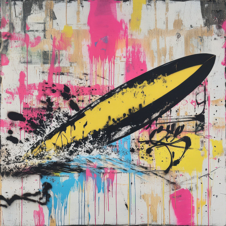 Lone surfboard riding a liquid gold wave spray painted in banksy graffiti style, the artwork captures motion and fluidity, blending modern street art with natural elements