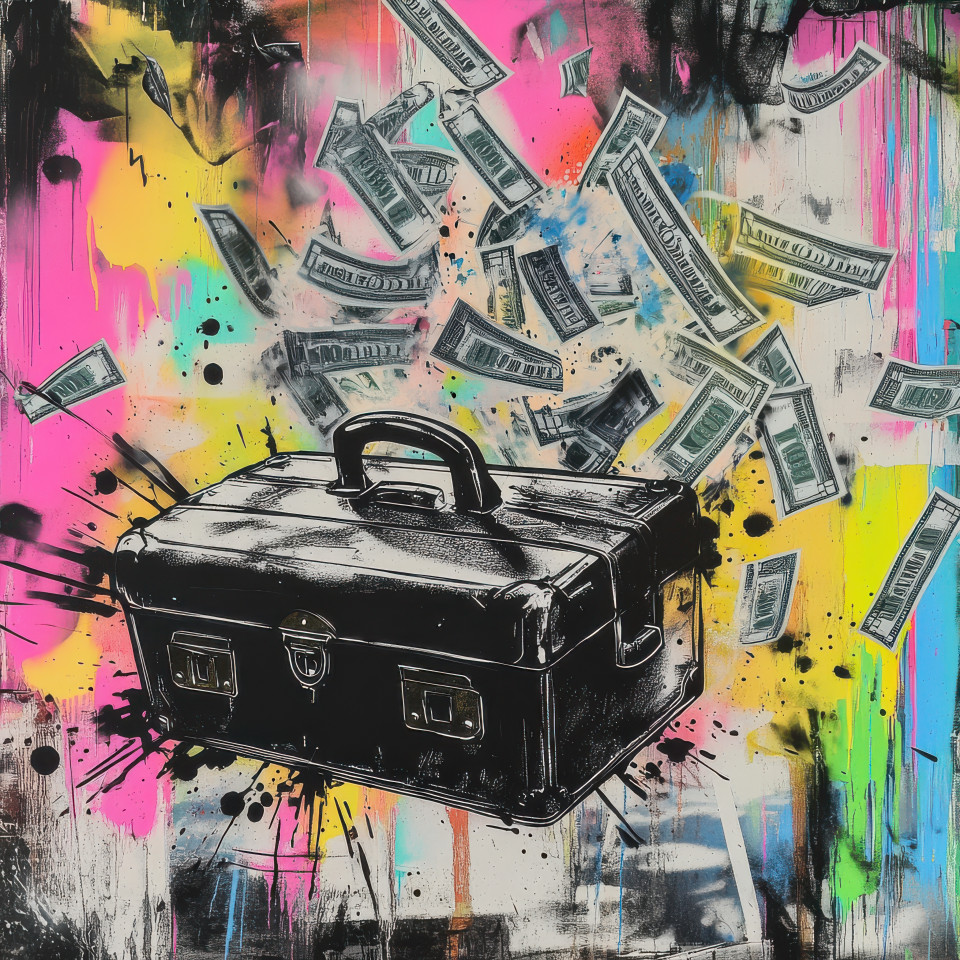 Briefcase exploding into flying dollar bills spray painted in the banksy graffiti style, a bold representation of wealth and chaos, filled with vibrant colors and powerful symbolism