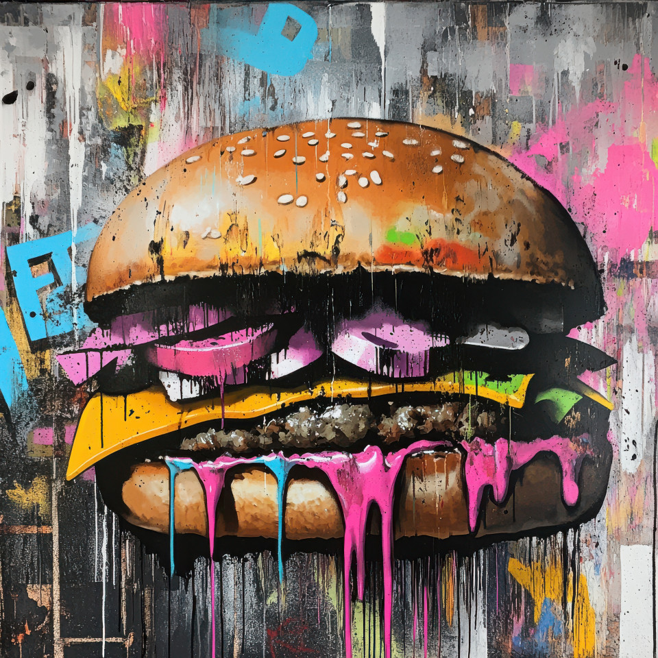 Melting burger with graffiti style drips spray painted in banksy inspired art, the piece plays with food and urban culture, offering a unique twist on modern street art