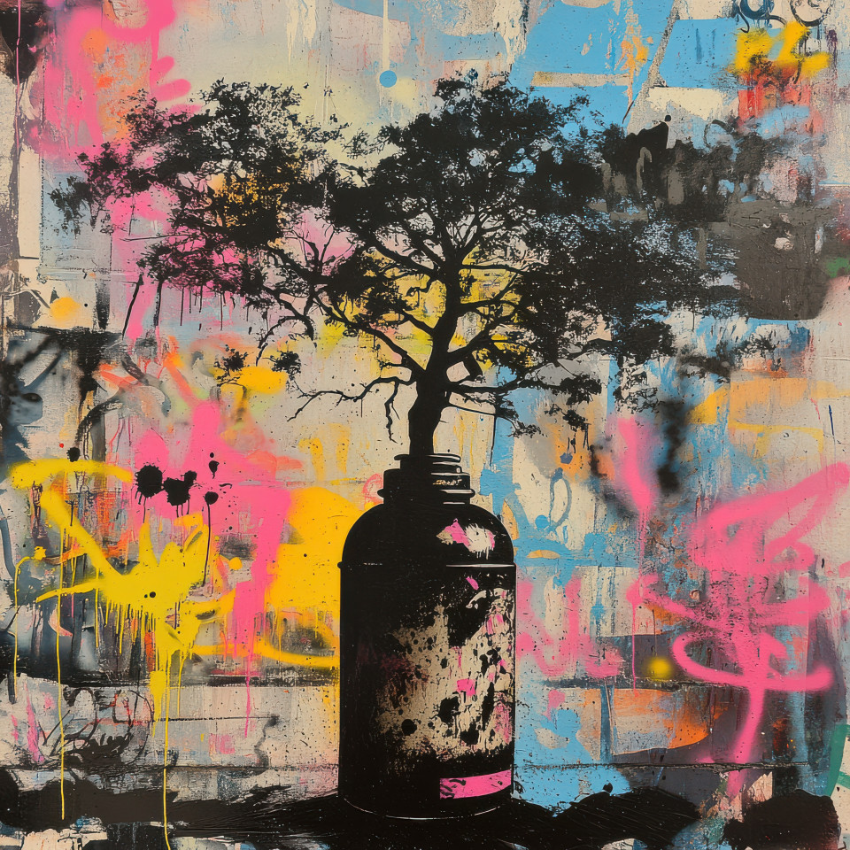 Giant tree growing out of a spray can spray painted in banksy graffiti style, a creative fusion of nature and urban elements, showcasing the power of growth and renewal