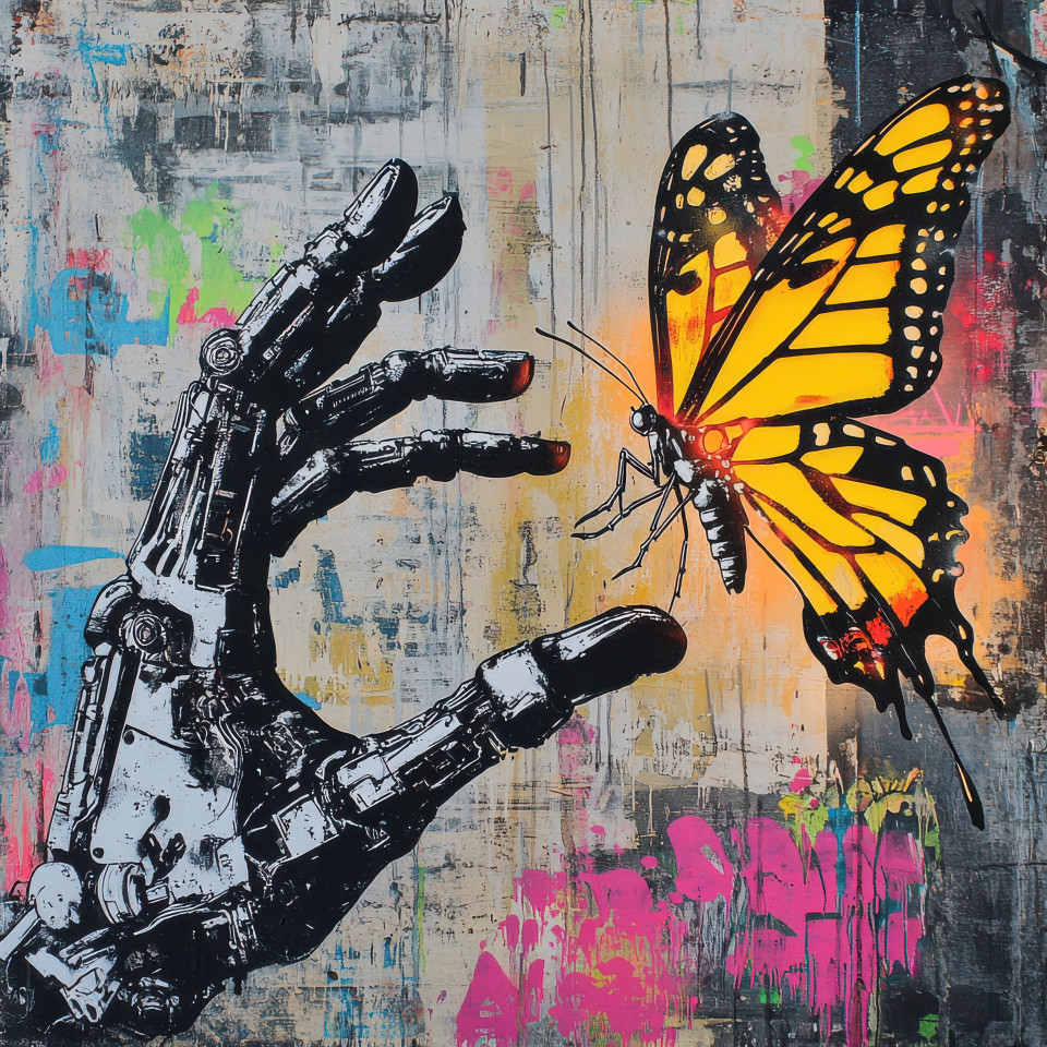 Cyborg hand reaching for a glowing butterfly spray painted in banksy graffiti style, the image explores the intersection of technology and nature, blending futuristic themes with street art