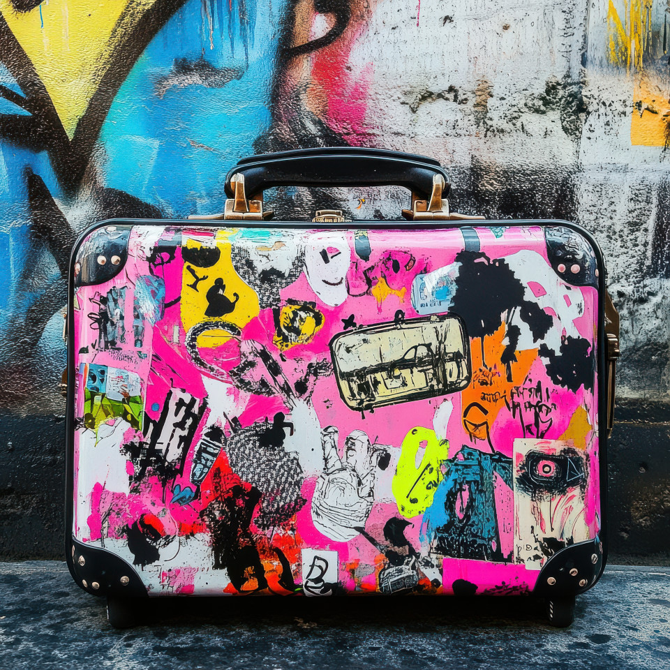 Suitcase covered in vibrant street art stickers spray painted in banksy graffiti style, a visual representation of travel, identity, and urban expression, showcasing creativity on the go