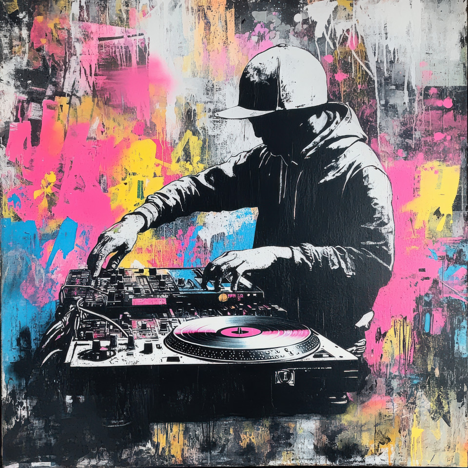 Faceless dj spinning a vinyl earth spray painted in banksy graffiti style, the image combines music, culture, and global themes, reflecting the power of art and sound in urban spaces