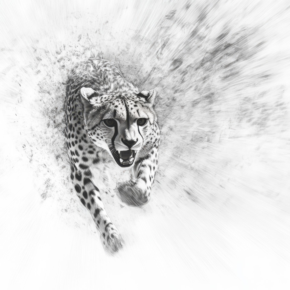 A cheetah running in motion captured in a pencil wireframe drawing, showing the speed and grace of the animal, a dynamic sketch with clean wireframe details