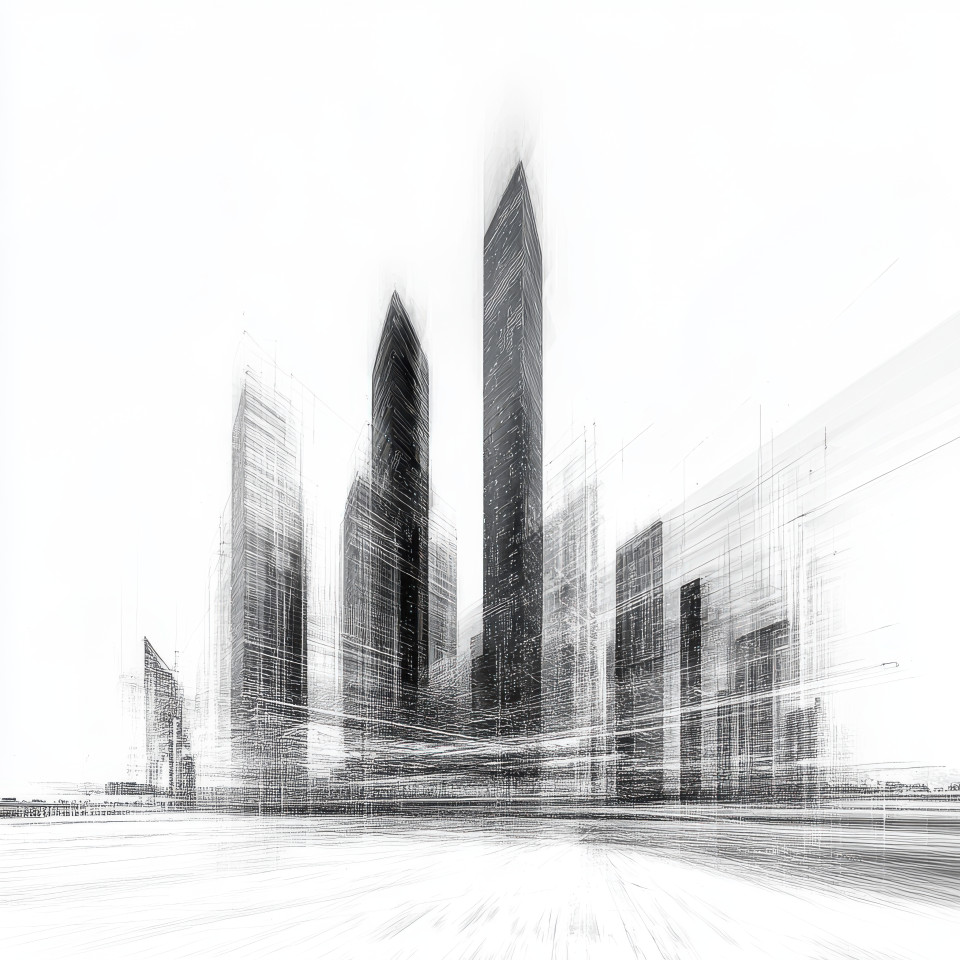 A futuristic city skyline with tall skyscrapers, illustrated as a pencil wireframe drawing, the modern buildings stand out in the wireframe sketch style, showing the architecture concept