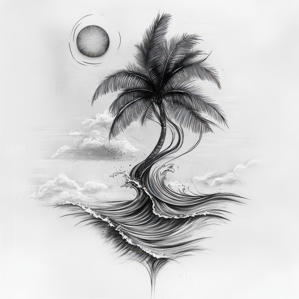 A palm tree by the beach with waves and the sun in the sky, captured in a pencil wireframe drawing, the sketch highlights the tropical scene in wireframe details
