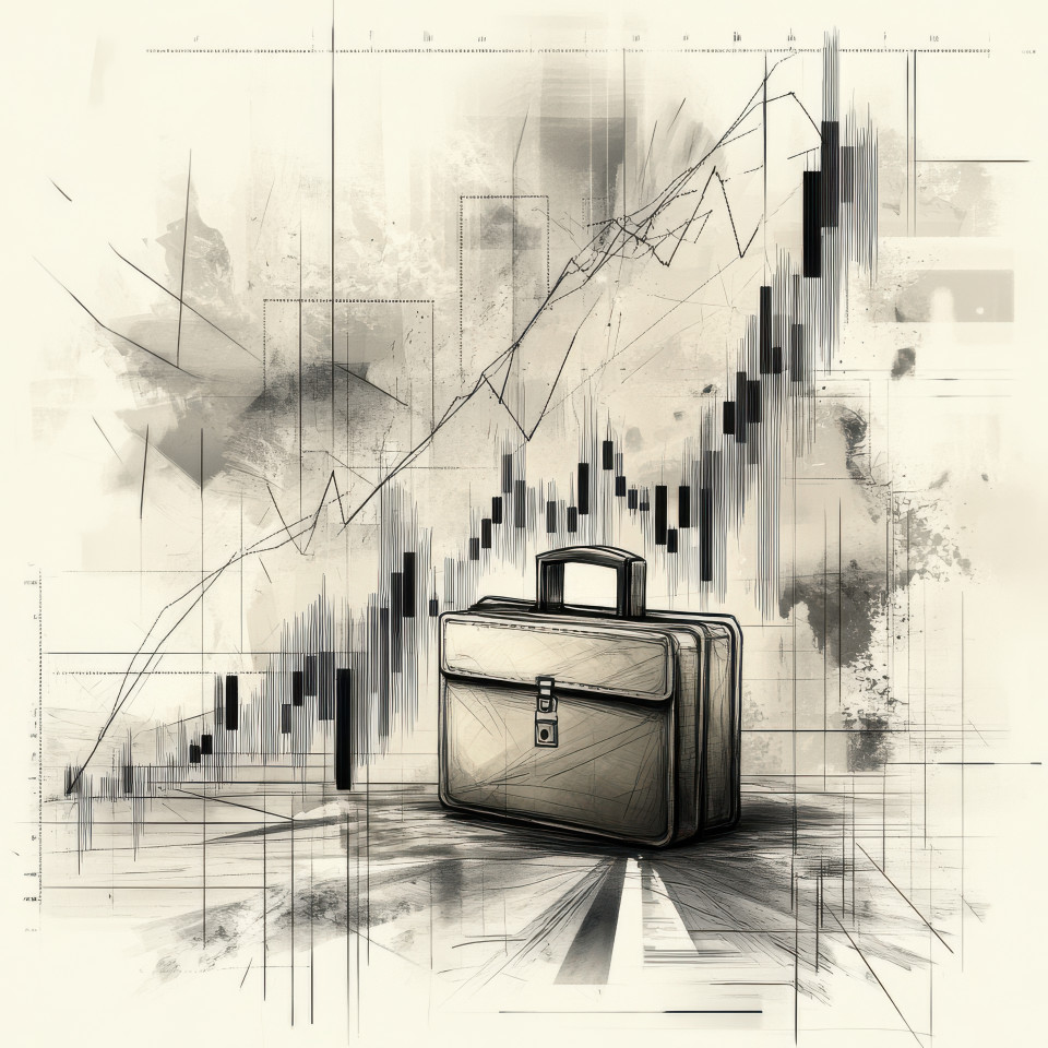 A rising stock chart with a briefcase, captured in a pencil wireframe drawing, the image symbolizes growth and business success with clean wireframe sketch lines