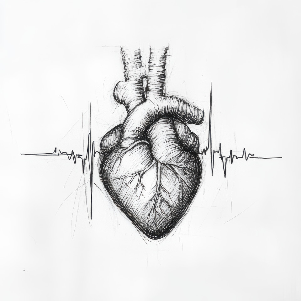 A heart with an ecg line running through it, shown in a pencil wireframe drawing, the medical concept is portrayed through minimalist wireframe details in the sketch