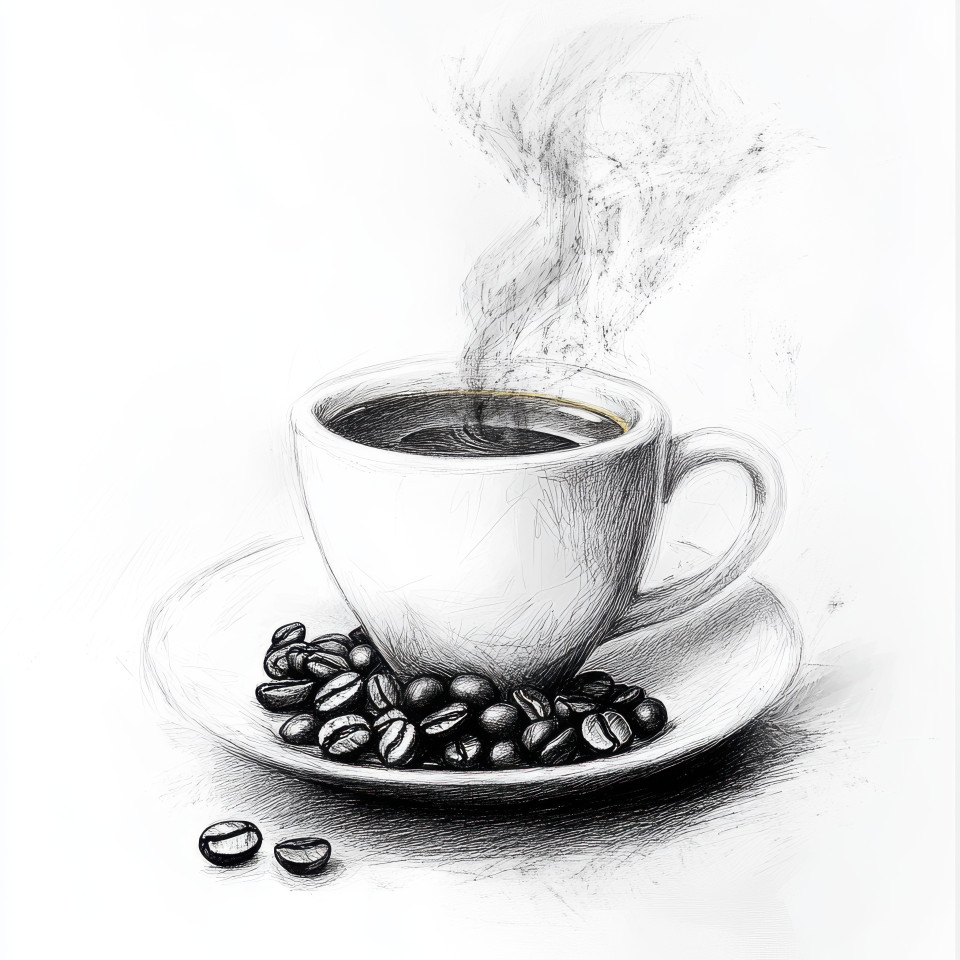 A steaming cup of coffee with beans, captured in a pencil wireframe drawing, the hot beverage and coffee beans are sketched in wireframe to create a cozy feeling