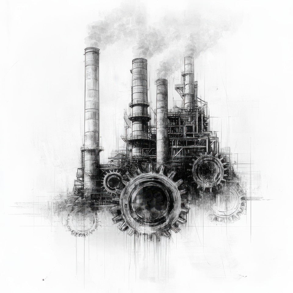 A factory with smokestacks and gears, depicted in a pencil wireframe drawing, the industrial setting is detailed with clean wireframe lines to show machinery and structure