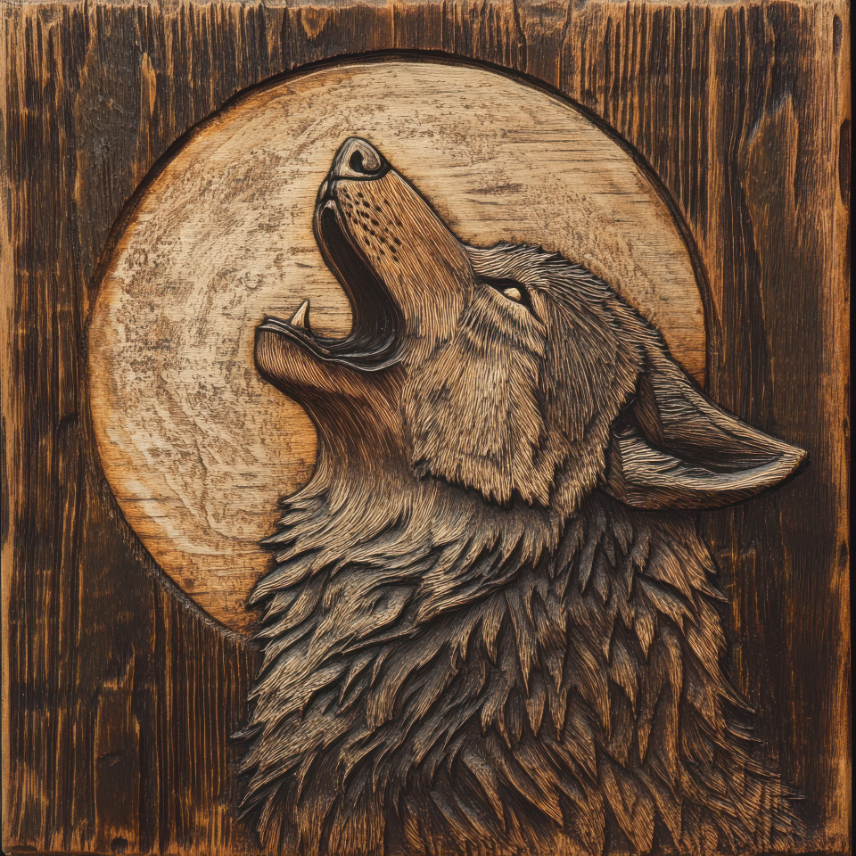 Wolf howling at the moon intricately carved into rich textured wood grain, showing wood engraving details, perfect representation of nature’s beauty in wood laser engraving