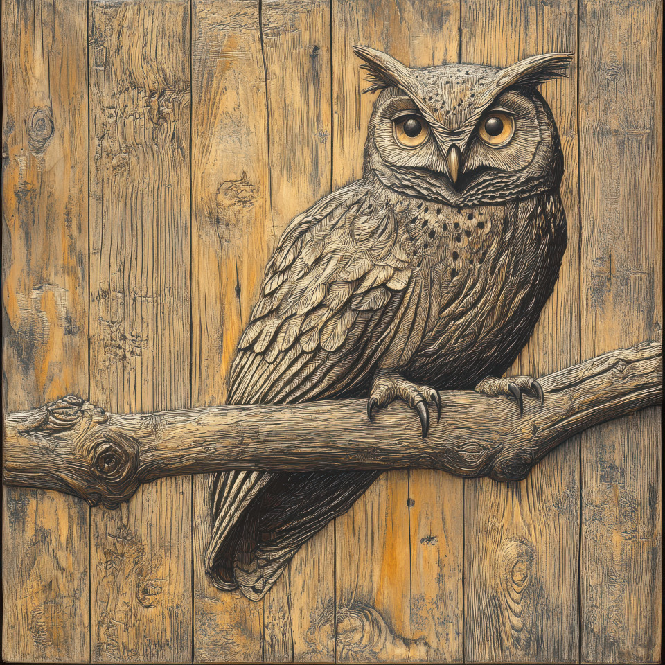 Owl perched on an old branch intricately carved into textured wood grain, fine details in wood engraving showcase wildlife artistry in custom wood engraving