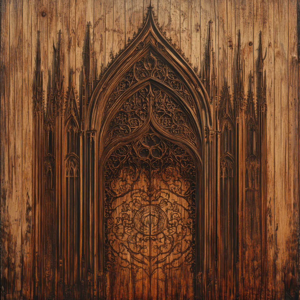 Gothic cathedral with fine details carved into rich textured wood grain, displaying intricate wood engraving artistry, captures classic architecture in custom wood laser engraving