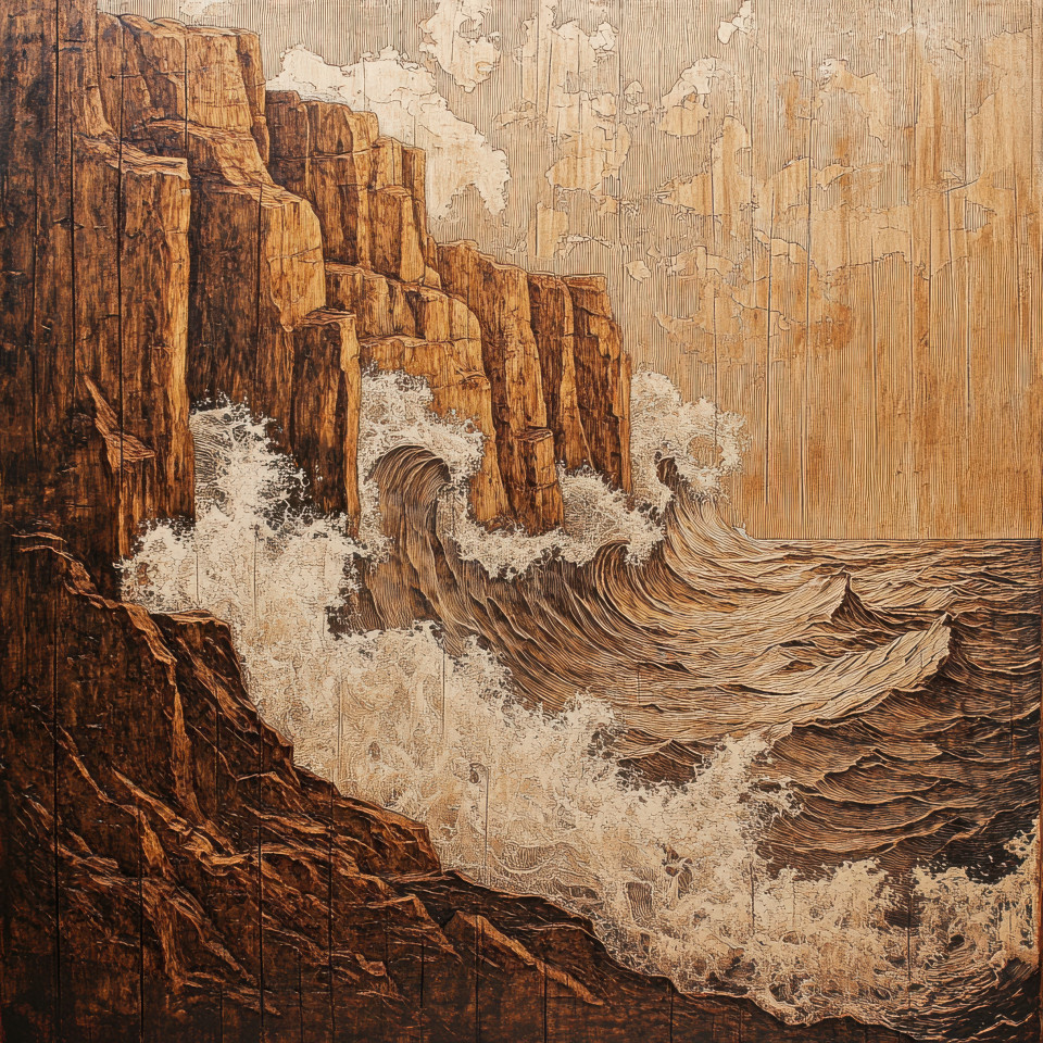 Waves crashing on rocky cliffs intricately carved into rich textured wood grain, detailed wood engraving captures the power of nature in wood laser engraving