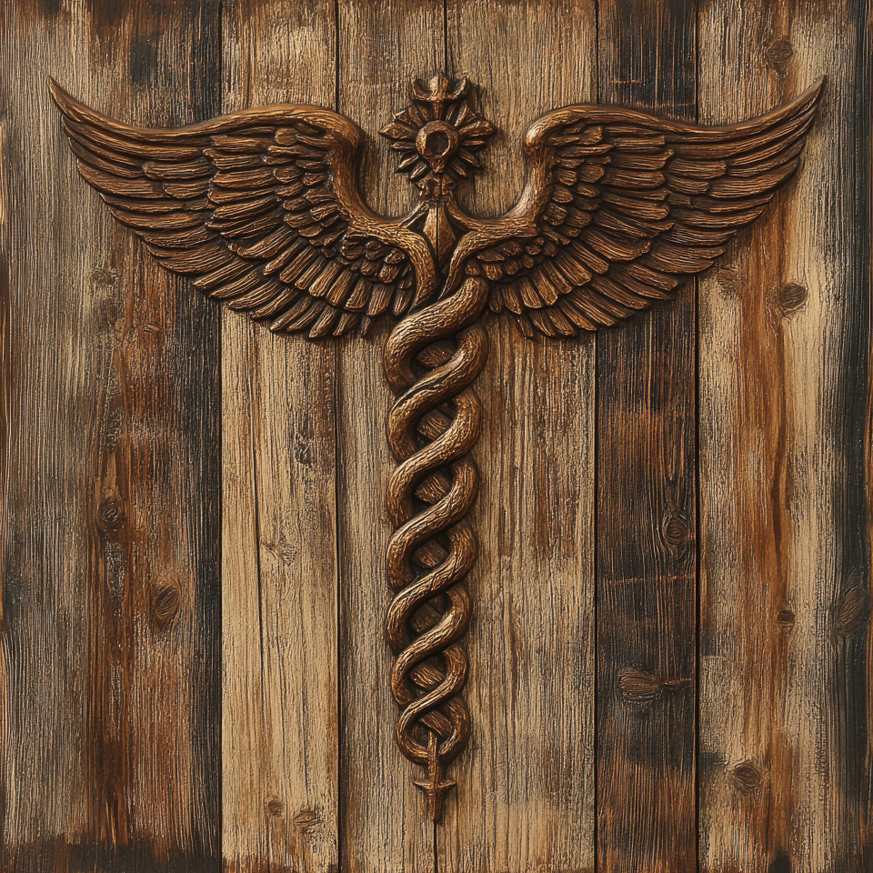 Caduceus with intricate details carved into textured wood grain, showing fine wood engraving, symbol of medicine and health in custom wood laser engraving