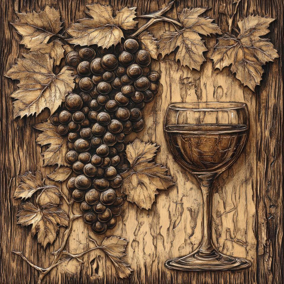 Vineyard with grapes and a wine glass intricately carved into rich textured wood grain, detailed wood engraving depicting the beauty of winemaking in wood laser engraving