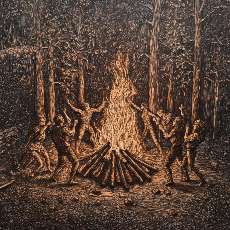 Bonfire with people dancing around intricately carved into rich textured wood grain, a warm, inviting scene captured in detailed wood engraving and custom wood laser engraving