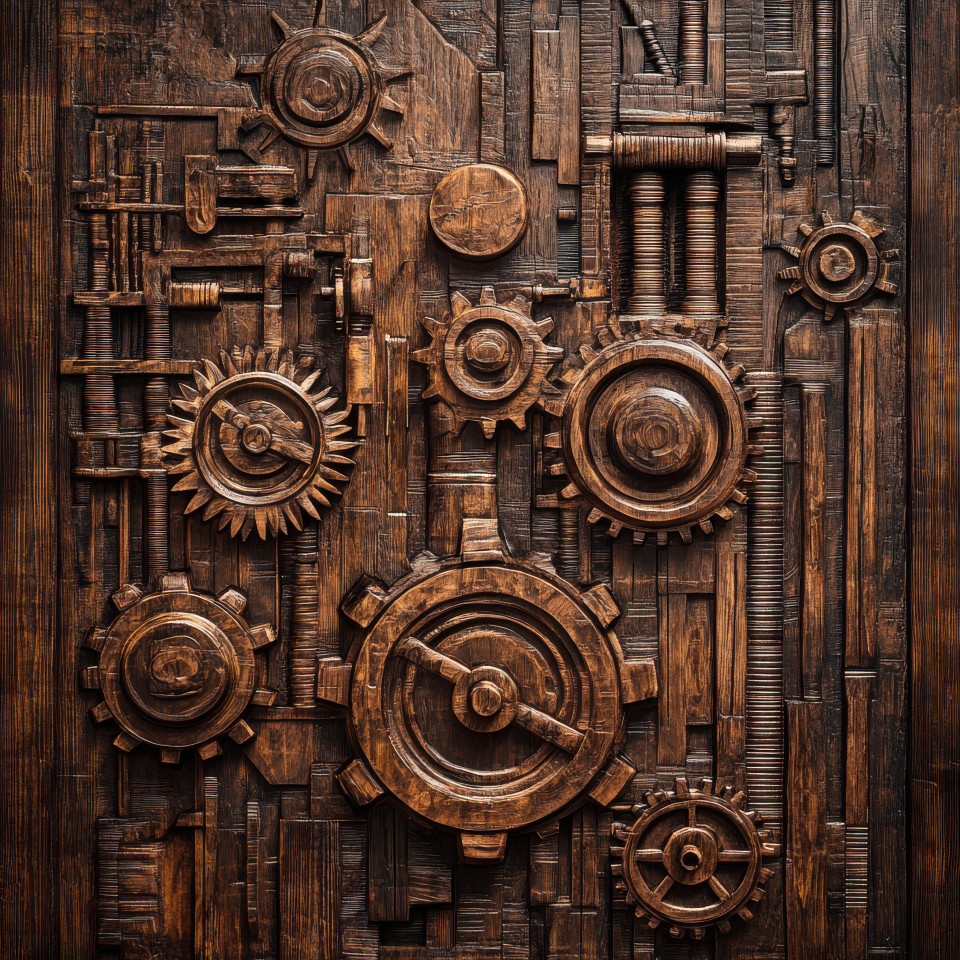 Steam powered factory with gears intricately carved into rich textured wood grain, detailed wood engraving showcasing industrial design in custom wood laser engraving