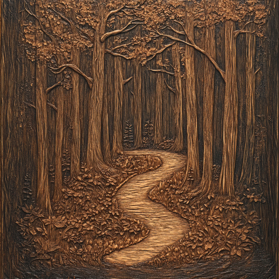 Dense forest with a winding path intricately carved into rich textured wood grain, beautiful wood engraving illustrating nature and exploration in wood laser engraving