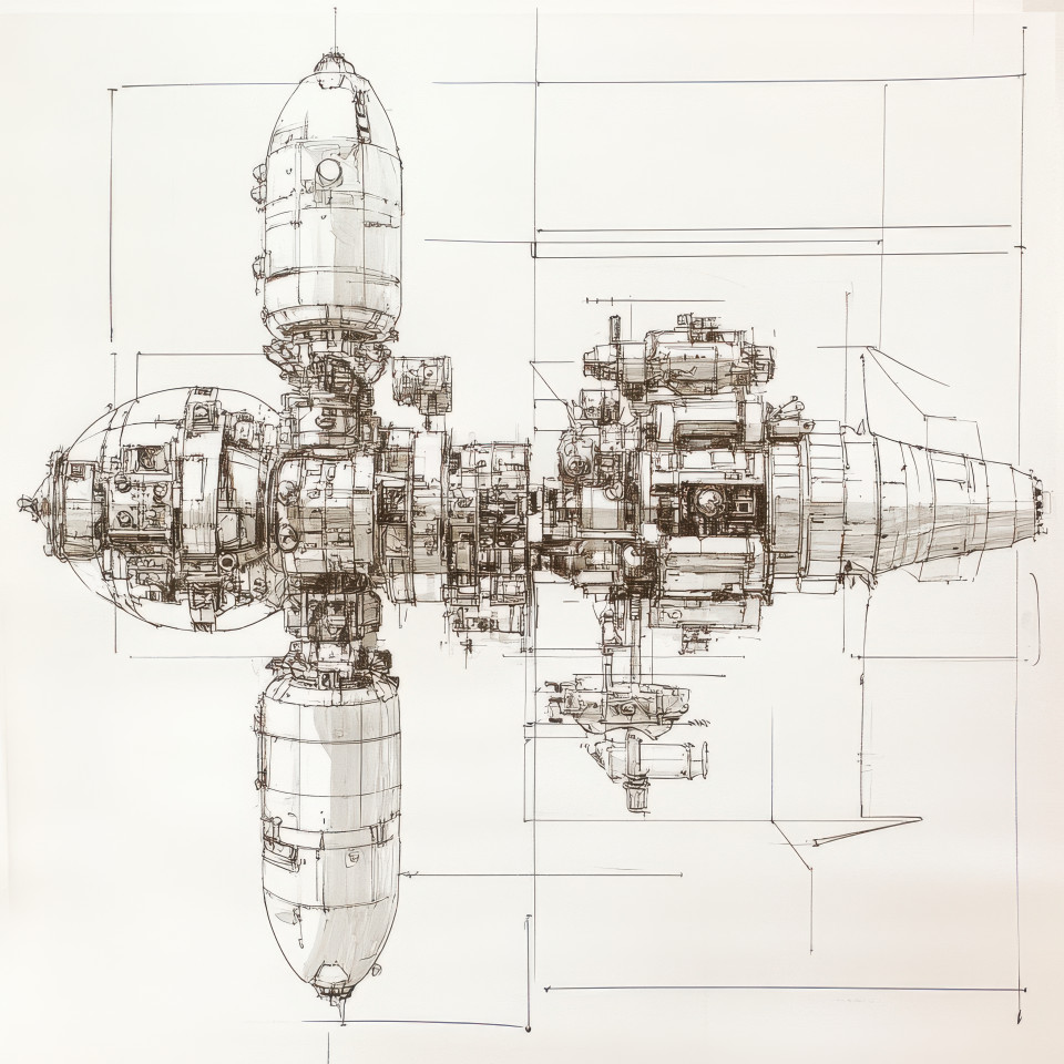 Space station schematics with module layouts docking ports and communication systems, precise technical drawing, mechanical drawings, industrial drawing table