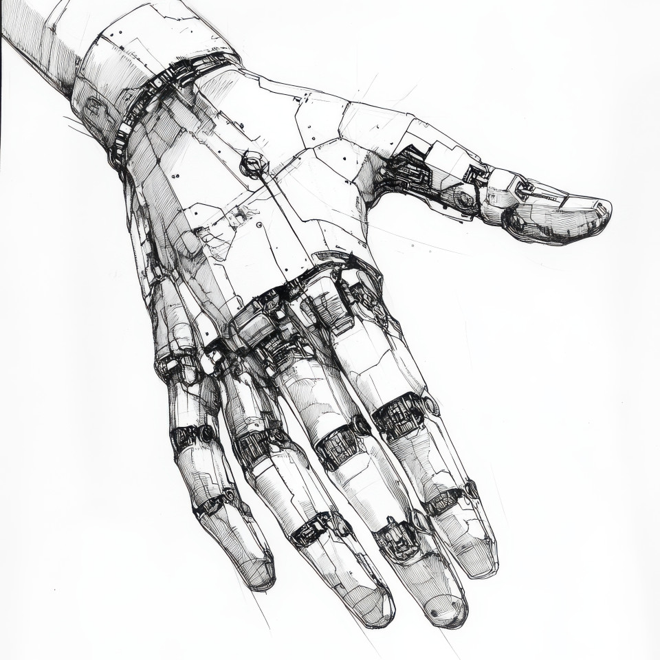 Cybernetic hand sketch with artificial joints circuits and mechanical structure, futuristic technical drawing, mechanical drawings, industrial drawing table