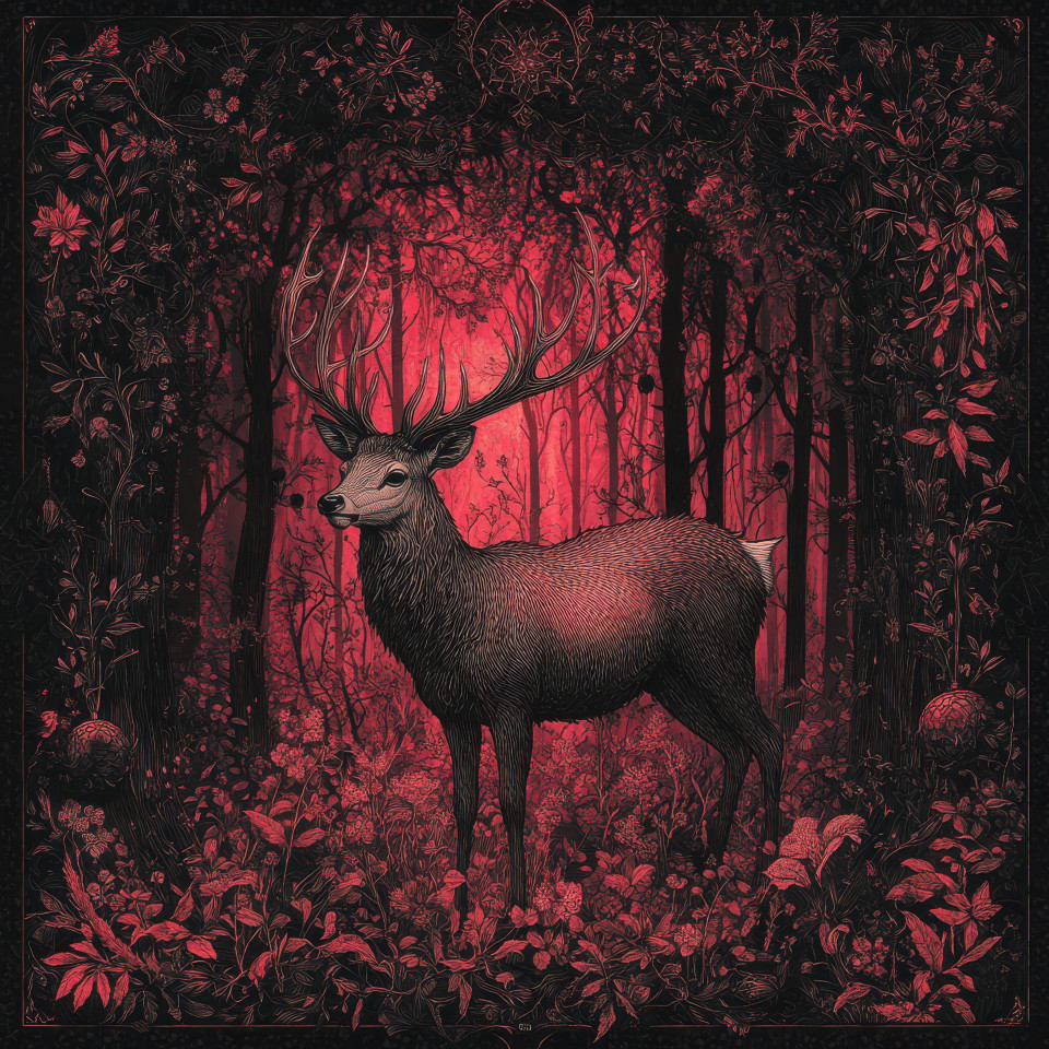 Majestic deer standing in a dense forest surrounded by tall trees and soft light, nature scene with rich textures, tapestry style, perfect for custom tapestry, wall tapestry decor