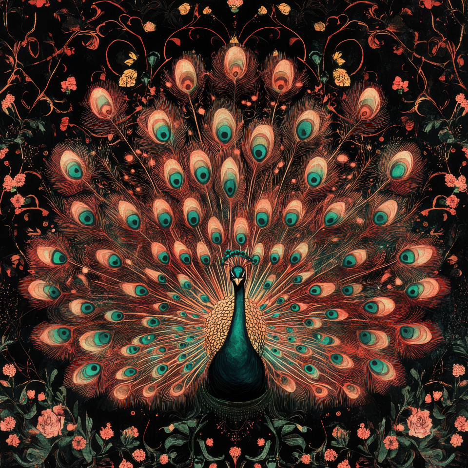 Peacock spreading vibrant feathers in a stunning display of colors, elegant bird with detailed patterns, tapestry style, great for custom tapestry, wall tapestry home decor