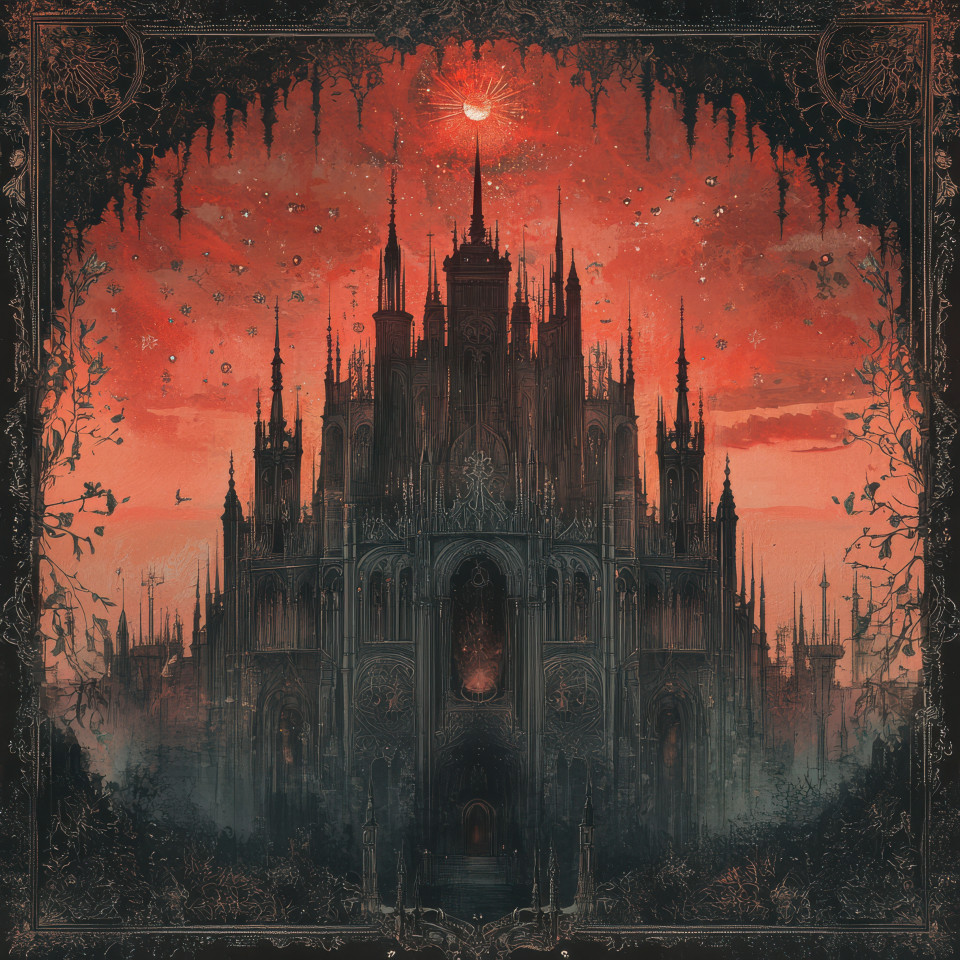 Grand medieval castle glowing at sunset with towering walls and strong gates, historic fortress with a warm sky backdrop, tapestry style, ideal for custom tapestry, wall tapestry decor