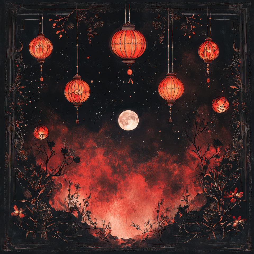 Lanterns floating in the dark night sky glowing softly as they rise, peaceful and dreamy atmosphere, tapestry style, great for custom tapestry, wall tapestry home decor