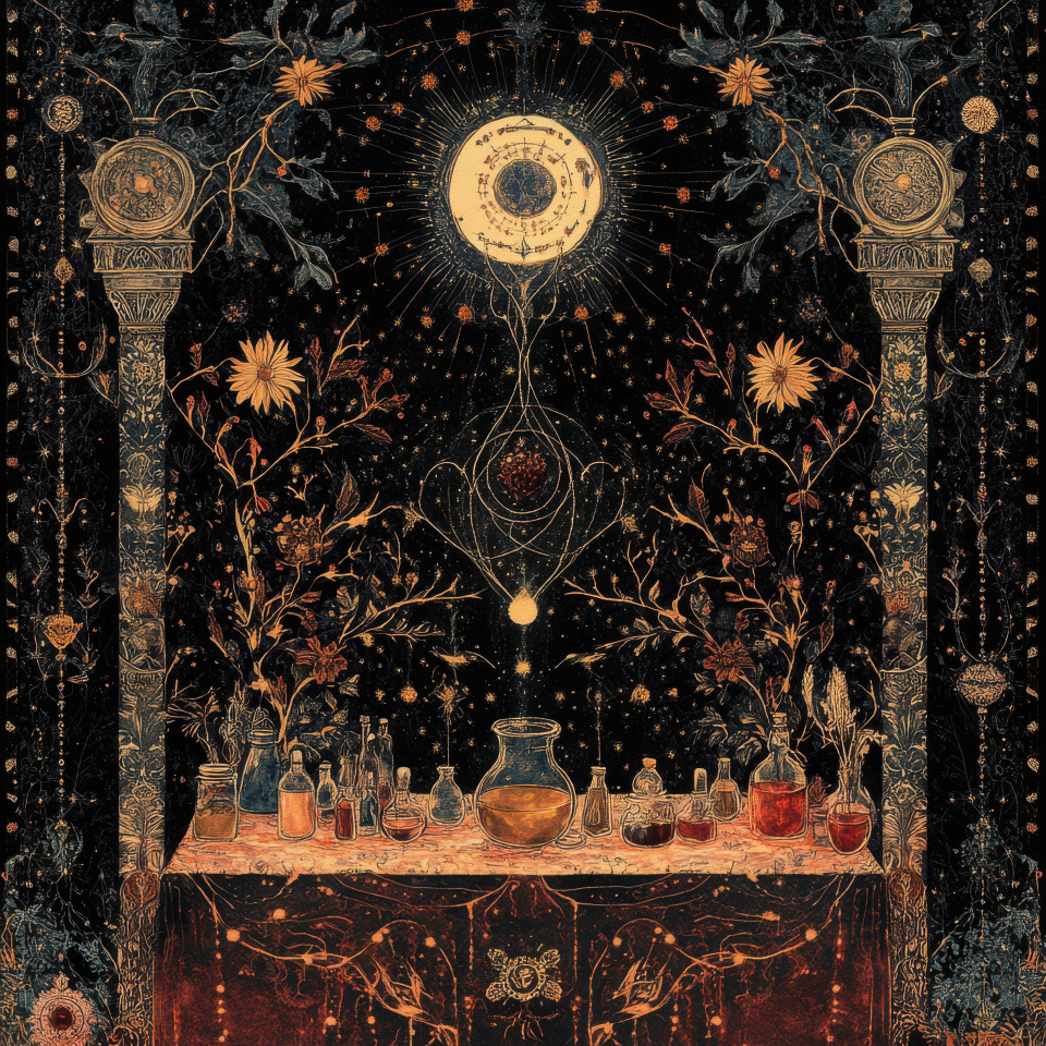 Herbalist carefully mixing potions with glass bottles and herbs surrounded by ancient books, mystical and detailed scene, tapestry style, great for custom tapestry, wall tapestry art