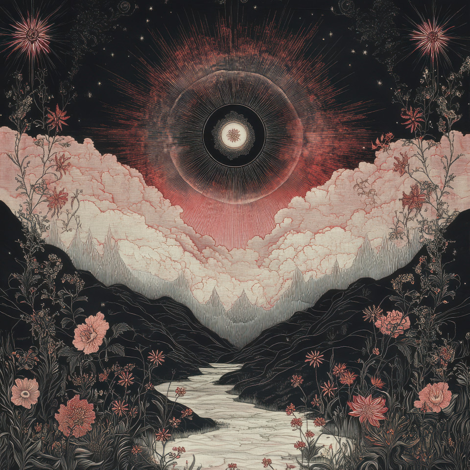 Rolling hills covered in colorful wildflowers under a bright blue sky, vibrant and peaceful nature scene, tapestry style, perfect for custom tapestry, wall tapestry home decor