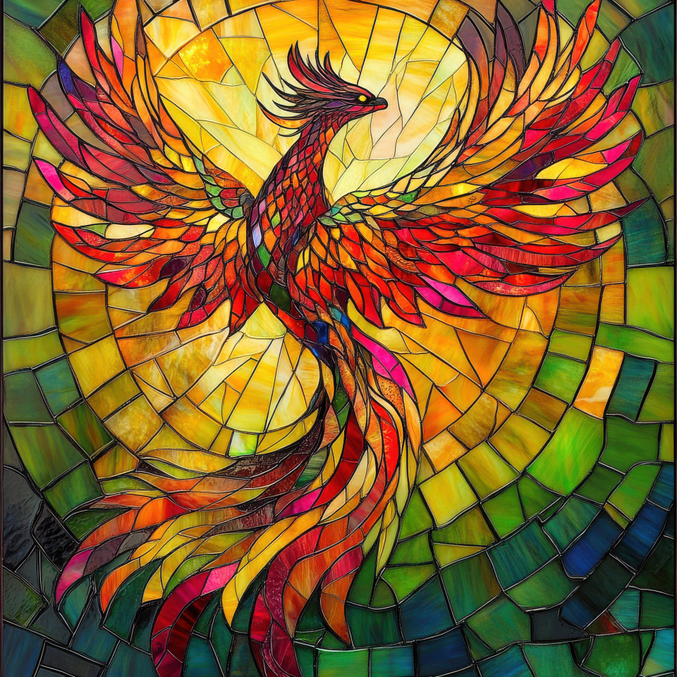 A phoenix rises in fiery hues displayed in stained glass, the vibrant colors and detailed glass windows bring the mythical bird's power to life in this stunning piece of art