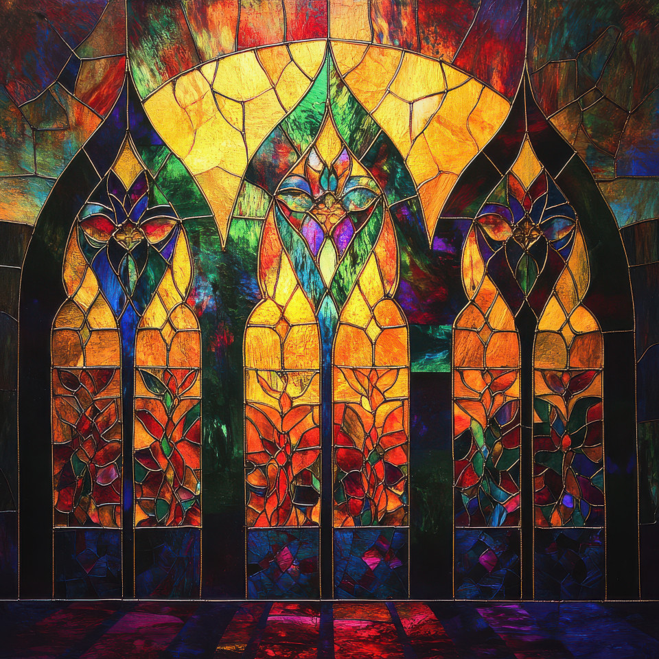 A gothic cathedral with radiant stained glass windows showcasing intricate designs and colors, the glowing glass windows fill the space with light, creating a divine atmosphere